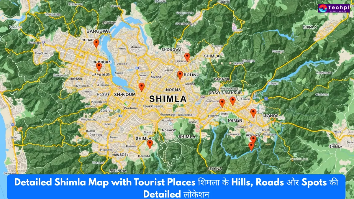 Detailed Shimla Map with Tourist Places शिमला के Hills, Roads और Spots की Detailed लोकेशन